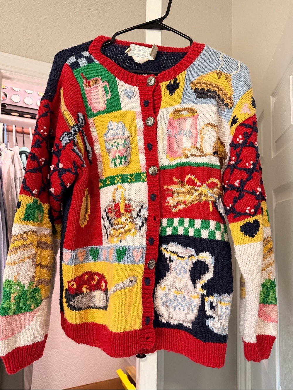 Red Multi Motif Button-Front Sweater Cardigan